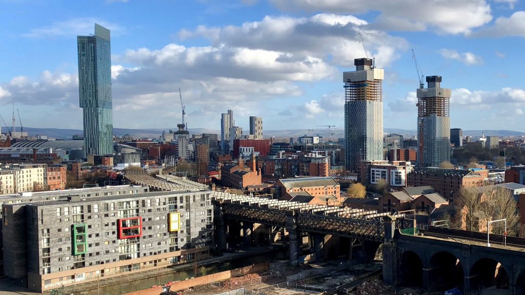Manchester skyline viewing the Owen Street building site where RECO Hoist Hire & Sales provided construction hoists