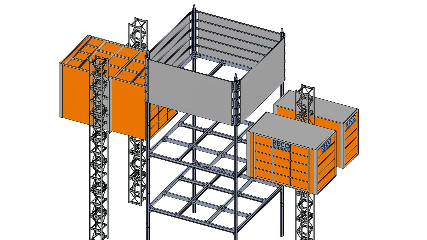 A 3D illustration of a RECO Common Tower with Alimak twin hoists and a Stros Mammoth passenger hoist