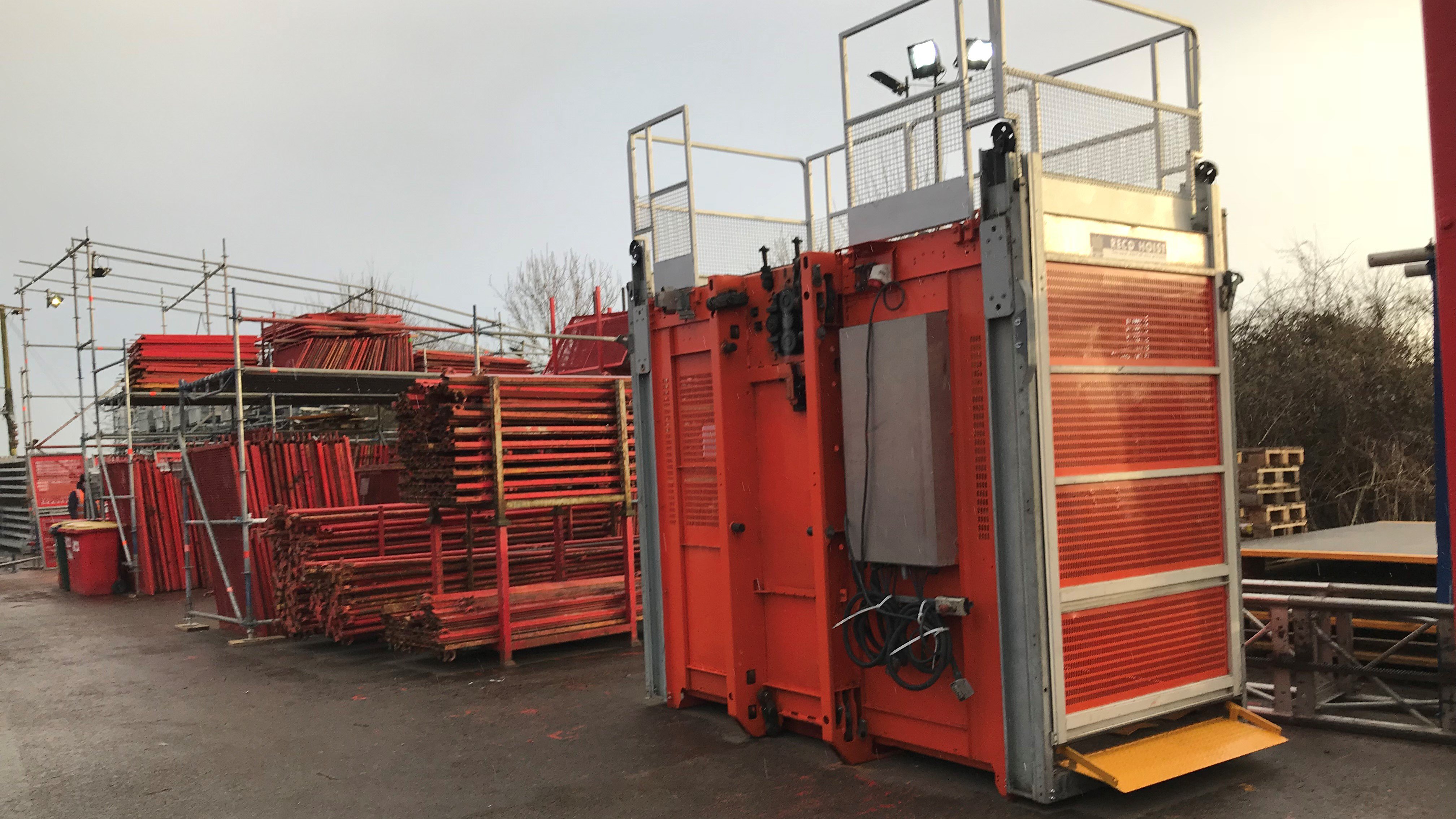 An Alimak passenger goods hoist is awaiting refurbishment at our hoist workshop