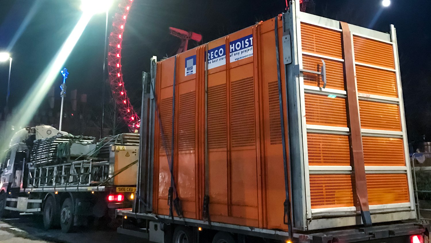 An Alimak construction hoist ready for transport at the London Eye